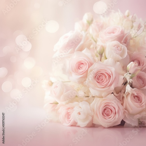 A beautiful bouquet of pink roses against a soft pink background.