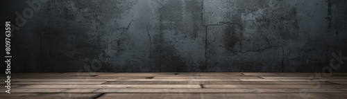 A dark  grungy concrete wall with a wooden floor in front of it.  background