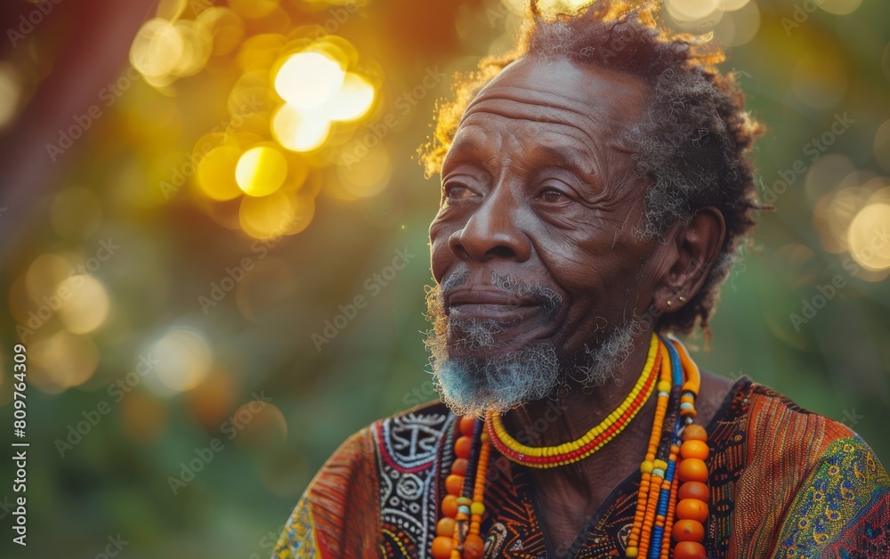 Fototapeta premium A man with a beard and dreadlocks is wearing a colorful outfit and a necklace. He is smiling and looking at the camera