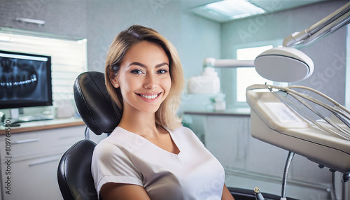 European woman sitting smiling in dental chair in clinic