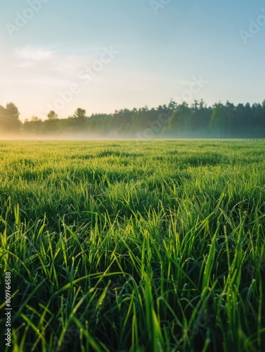 A field of grass with dew on it