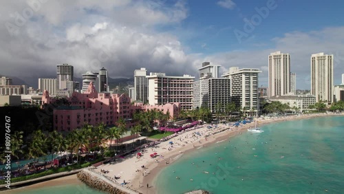 4K drone view of Waikiki Beach in downtown Honolulu, Hawaii photo