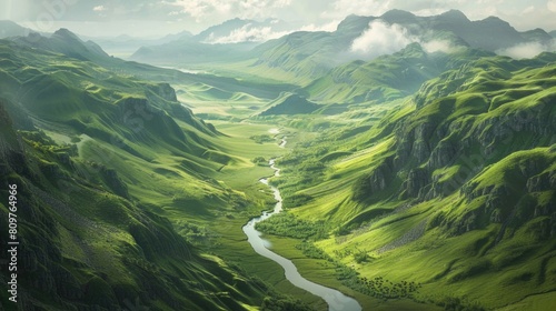 A green valley with a river running through it