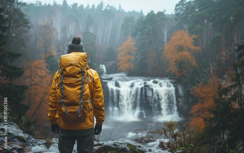 A man in a yellow jacket stands in front of a waterfall. The scene is serene and peaceful, with the sound of the waterfall providing a calming atmosphere. The man is enjoying the beauty of nature photo