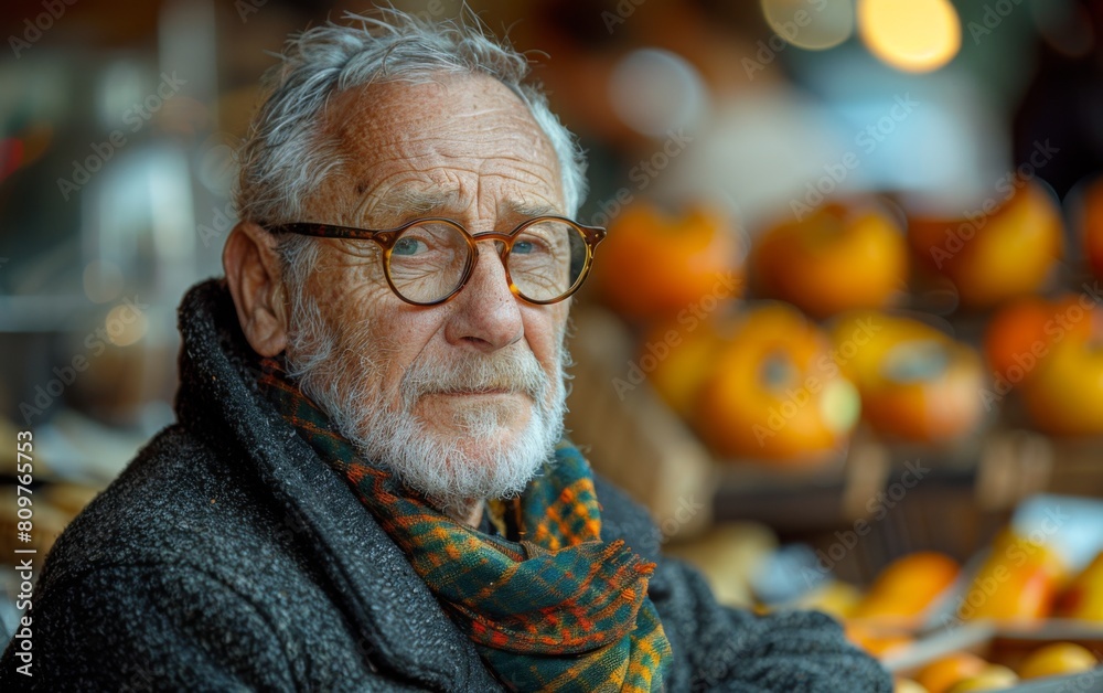 An older man wearing glasses and a scarf sits in front of a fruit stand. The fruit stand is filled with oranges and apples An older man wearing glasses and a scarf sits in front of a fruit stand. The fruit stand is filled with oranges and apples
