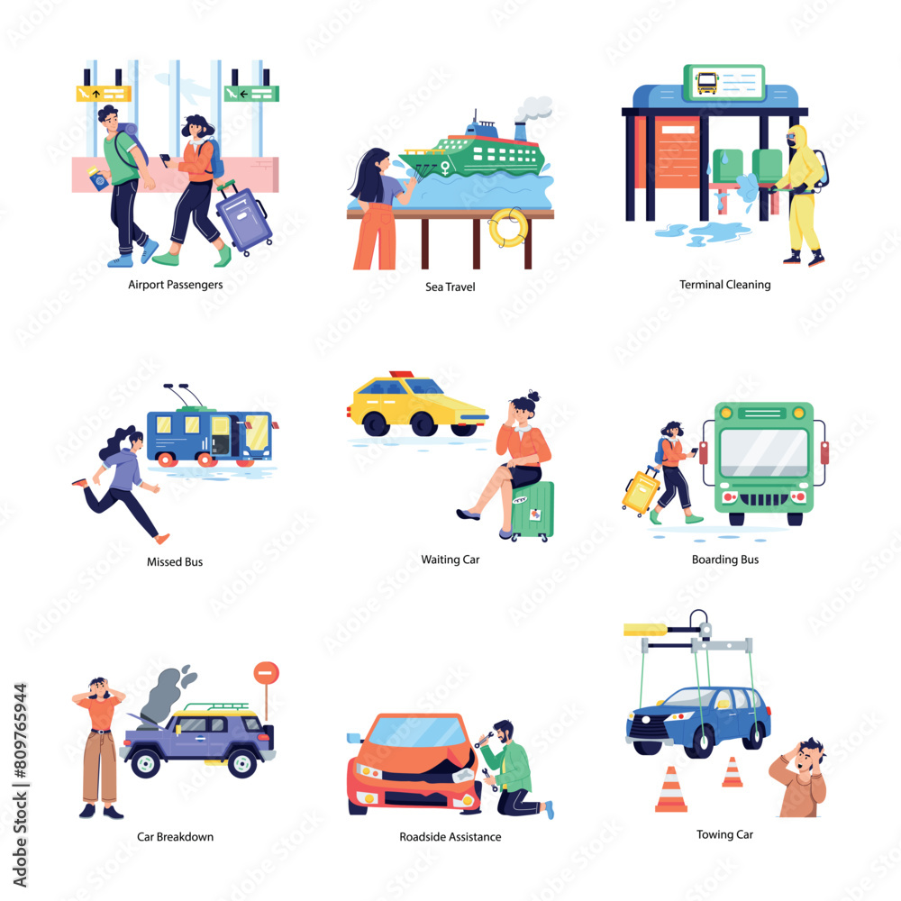 Bundle of Public Travel Flat Illustrations
Bundle of Public Travel Flat Illustrations