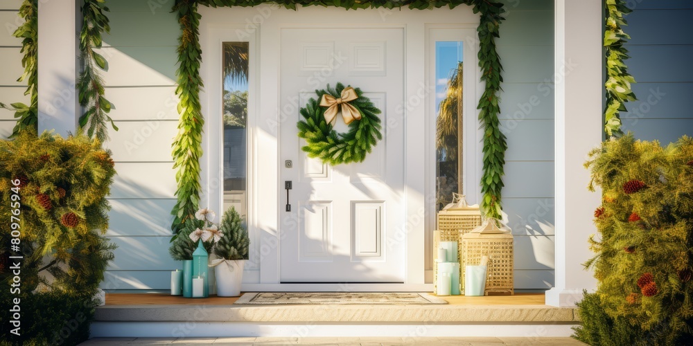 An Inviting home banner showcasing a close-up of a front door adorned with a festive wreath and a welcoming doormat, against a backdrop of lush greenery and a clear blue sky
An Inviting home banner showcasing a close-up of a front door adorned with a festive wreath and a welcoming doormat, against a backdrop of lush greenery and a clear blue sky
