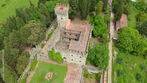 Rotating around historic Castello di Vincigliata built on top of rocky hill photo