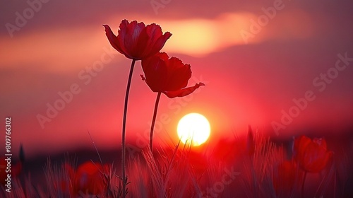   A couple of red flowers rest atop a verdant field beneath a rosy-pink sky  with the distant sun