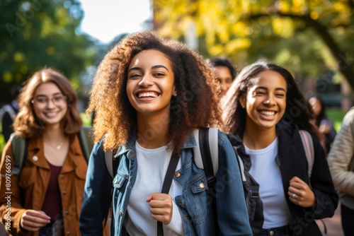 A group of diverse students laughing and walking together with backpacks, representing the excitement of going Back to School