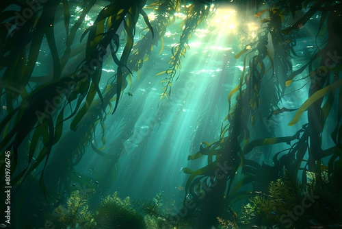 High Res Scan of Kelp Forest Ethereal Underwater Mystery Backdrop Captivating Light Play