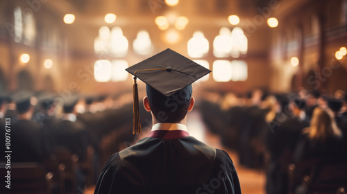 A young man wearing a graduation cap and gown during a ceremony at a university, with a blurry background of people in the hall with soft lighting. Conceptual photo for education or student achievemen