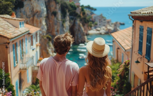 A couple is walking down a street in a foreign country, with a woman wearing a straw hat photo