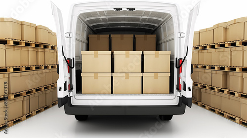 Open white van loaded with cardboard boxes, warehouse logistics, delivery.