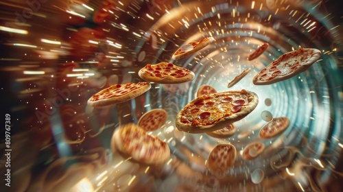 Surreal image of spinning pizzas as discs flying through a psychedelic tunnel