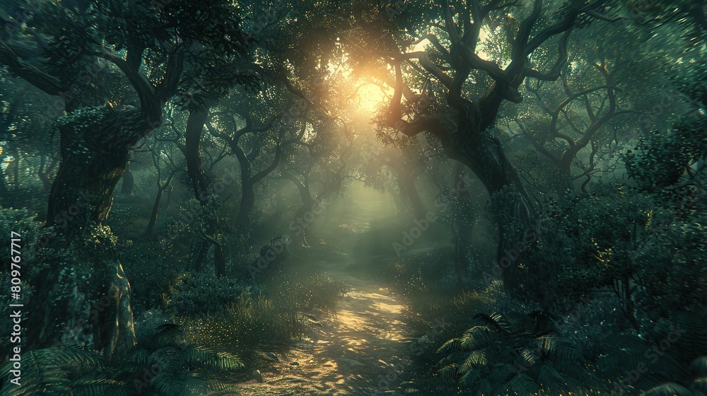   A path in the forest with a bright light on either side