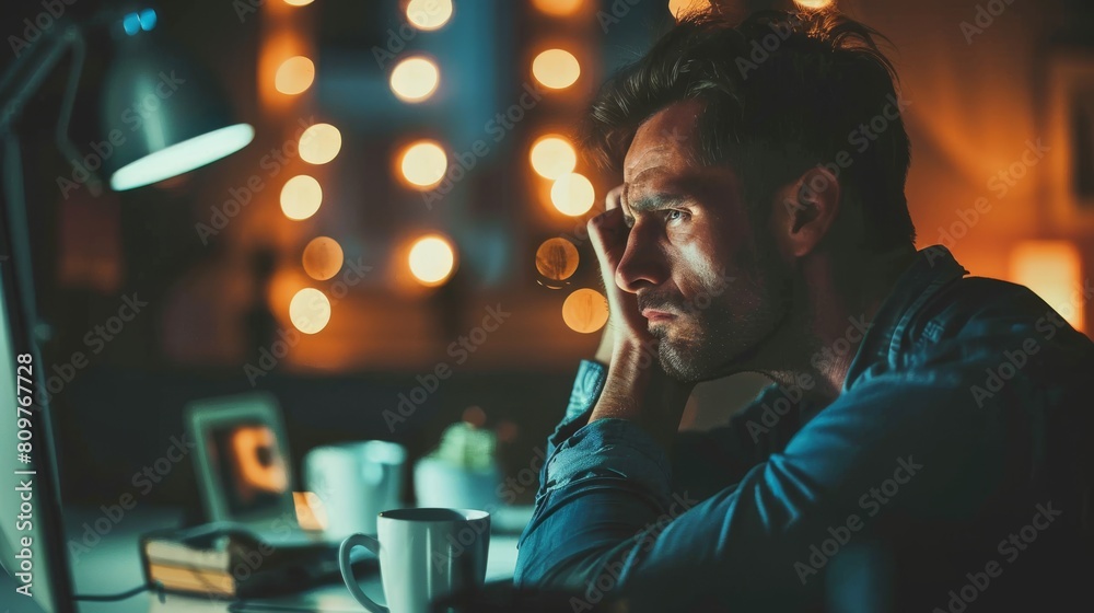Young Man Working Late at Night on Computer in Home Office. Generative ai Young Man Working Late at Night on Computer in Home Office. Generative ai