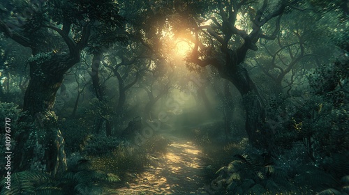   A path in the forest with a bright light on either side
