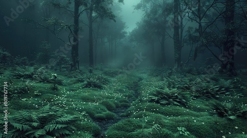   A dense forest shrouded in mist, brimming with verdant foliage and a meandering brook at its heart photo