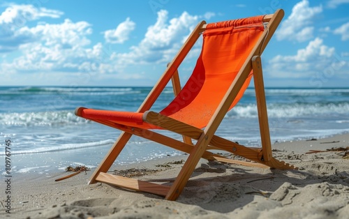 A beach chair is sitting on the sand near the water. The chair is orange and wooden. The beach is calm and peaceful, with the water gently lapping at the shore. The chair is a perfect spot to relax © imagineRbc