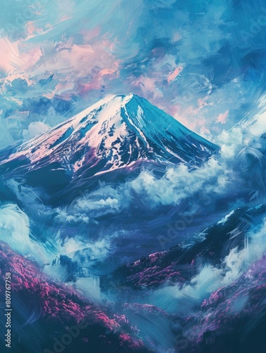 A mountain with snow on it is painted in blue and pink