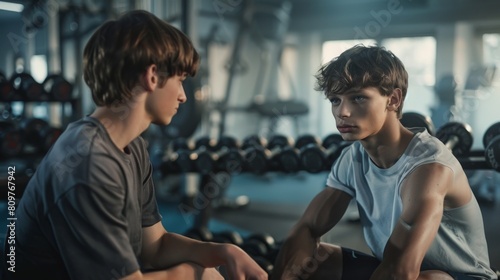 Focused Young Men in a Conversation at Gym  A Study in Determination and Friendship. Generative ai