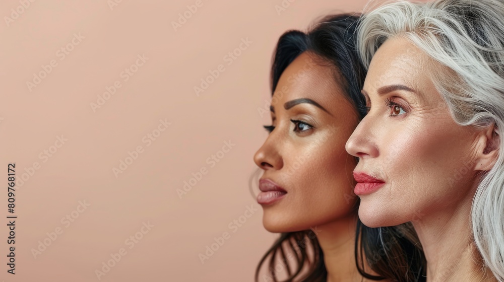 Diverse Beauty: Young and Senior Women with Flawless Skin on a Warm Background. Generative ai Diverse Beauty: Young and Senior Women with Flawless Skin on a Warm Background. Generative ai