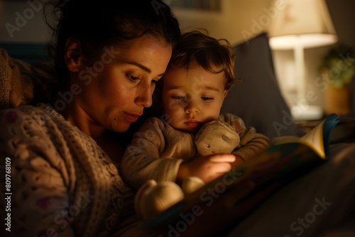 A closeup of a mother reading a story to her child at bedtime by the soft glow of a lamp