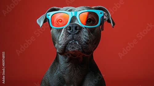   A dog wearing red and blue glasses, looking sorrowful in the photo © Nadia