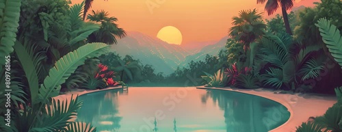 A dreamy desert oasis with lush palm trees, tranquil pools, and vibrant flora. Vector flat minimalistic isolated illustration. 4K Video photo