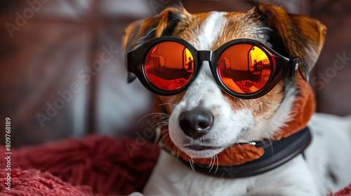  A dog in goggles lounging on a red blanket over a couch