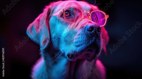   Close-up photo of a dog with pink and blue glasses on its face against a black background