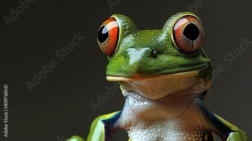   A frog s face  close-up shot with bright red and orange eyes against a dark backdrop