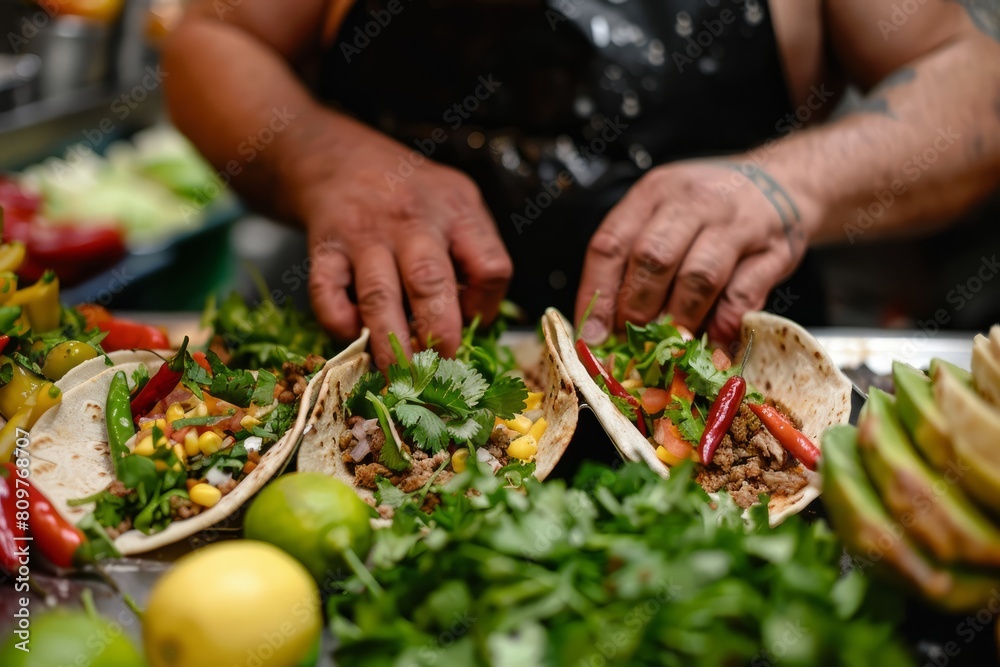 A man is seen in a kitchen preparing tacos, with his hands assembling ingredients like cilantro and lime onto tortillas on a table