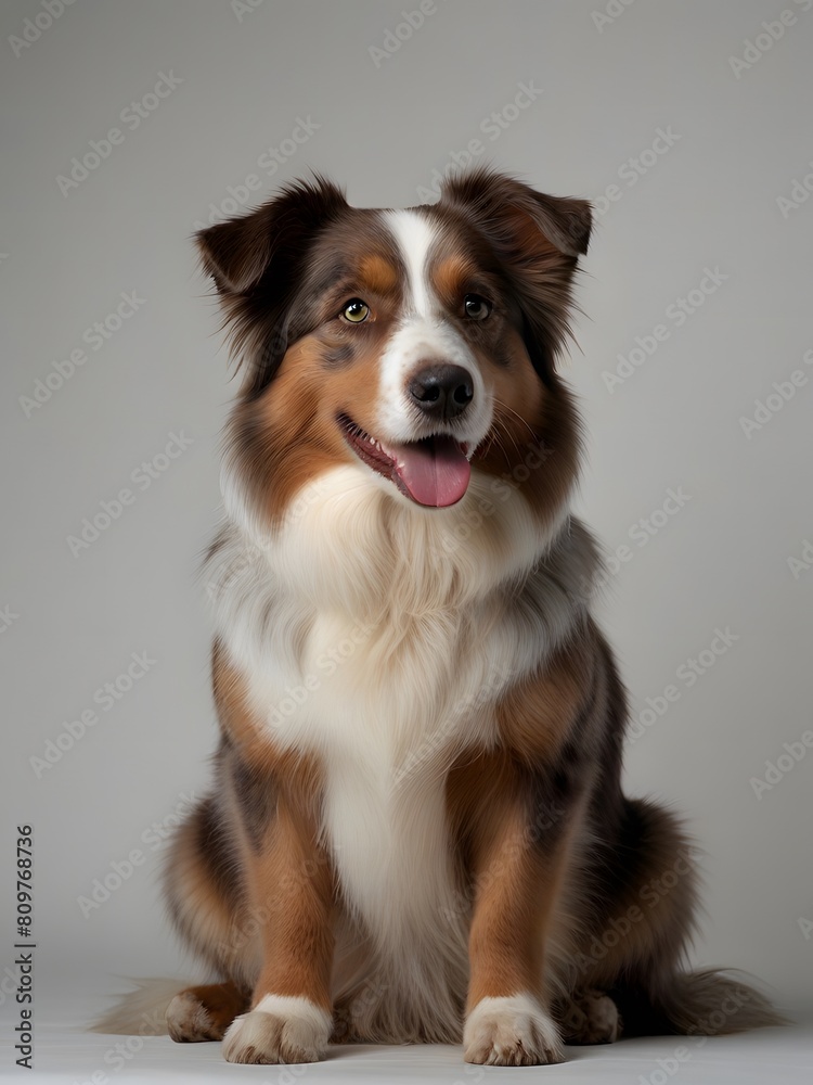 An Australian Shepherd dog is sitting on a gray and white background and looking ahead. AI generated image
