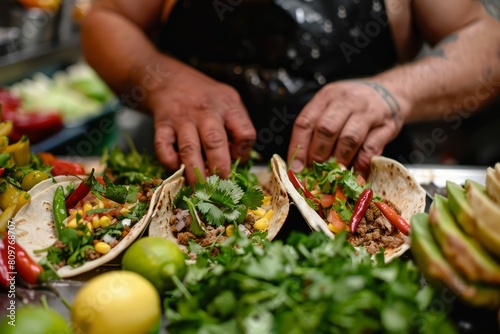 A man is seen in a kitchen preparing tacos, with his hands assembling ingredients like cilantro and lime onto tortillas on a table photo