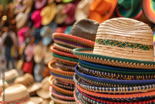 Several Mexican sombreros piled on a table in a busy market setting