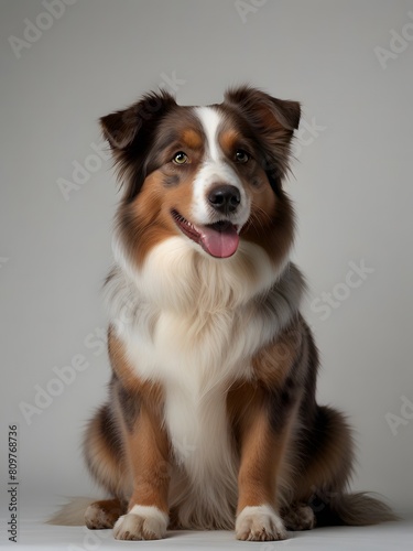 An Australian Shepherd dog is sitting on a gray and white background and looking ahead. AI generated image