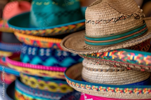 Various Mexican sombreros piled on a table in a bustling market setting