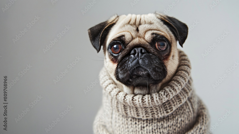 Cute pug dog in warm sweater on white background. 