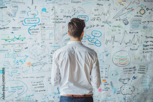 A man stands in front of a white board covered in drawings and diagrams. He looks thoughtful and contemplative as he stares at the board. The board is filled with various shapes and lines