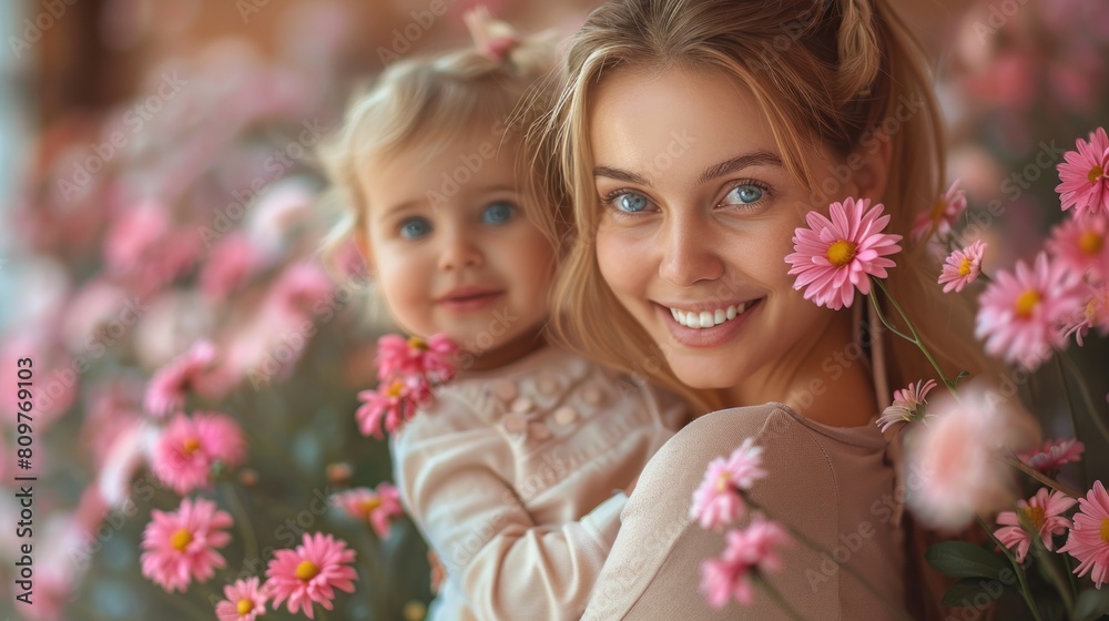 A woman is holding a baby in a field of pink flowers. The baby is smiling and the woman is smiling back. The scene is warm and joyful, with the pink flowers adding a touch of color A woman is holding a baby in a field of pink flowers. The baby is smiling and the woman is smiling back. The scene is warm and joyful, with the pink flowers adding a touch of color