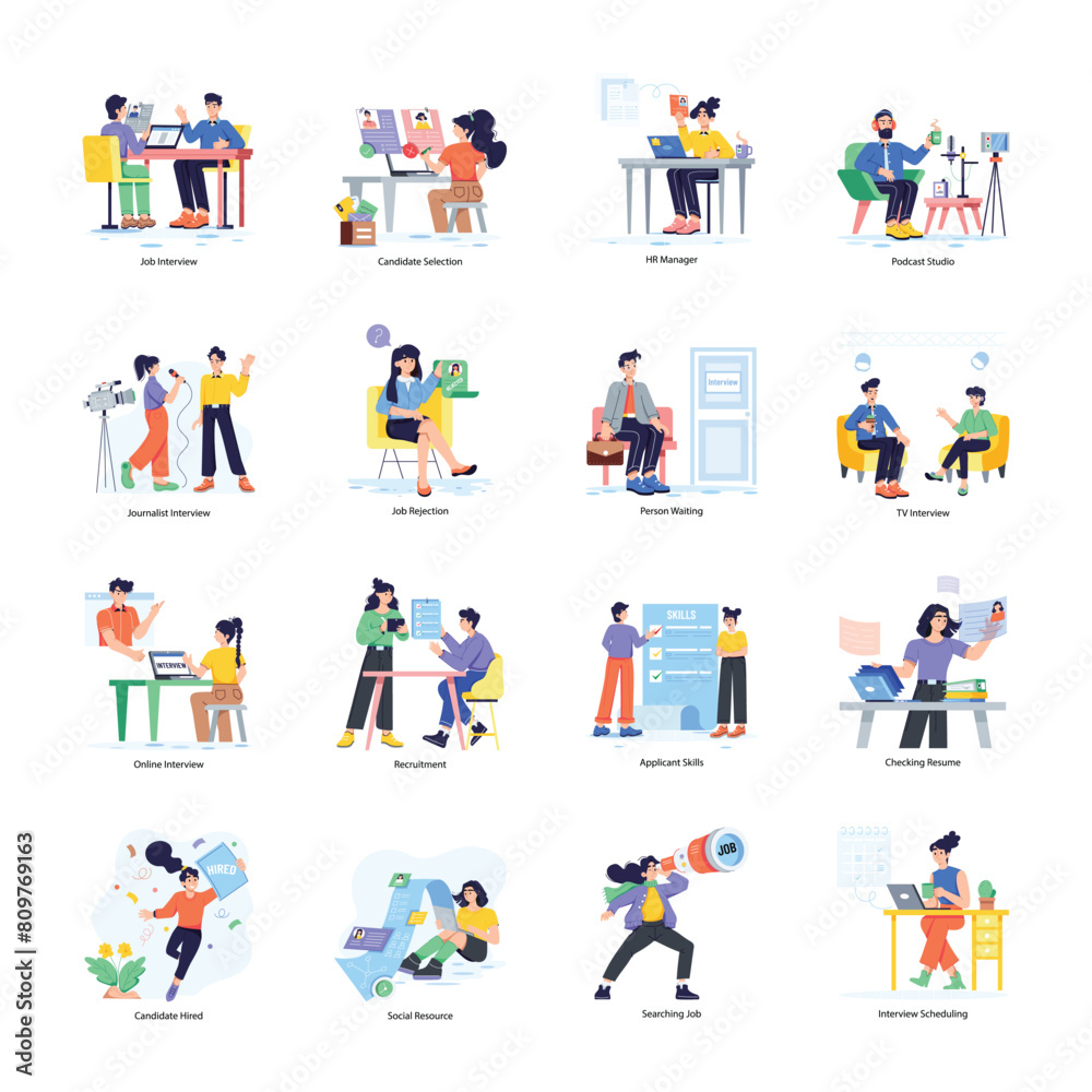  
Set of 16 Interviews Flat Character Illustrations 


