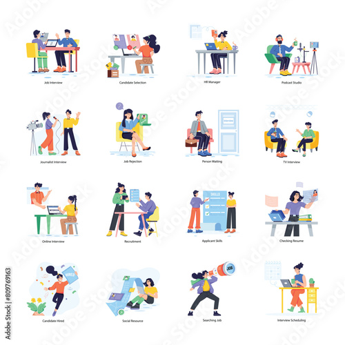  Set of 16 Interviews Flat Character Illustrations