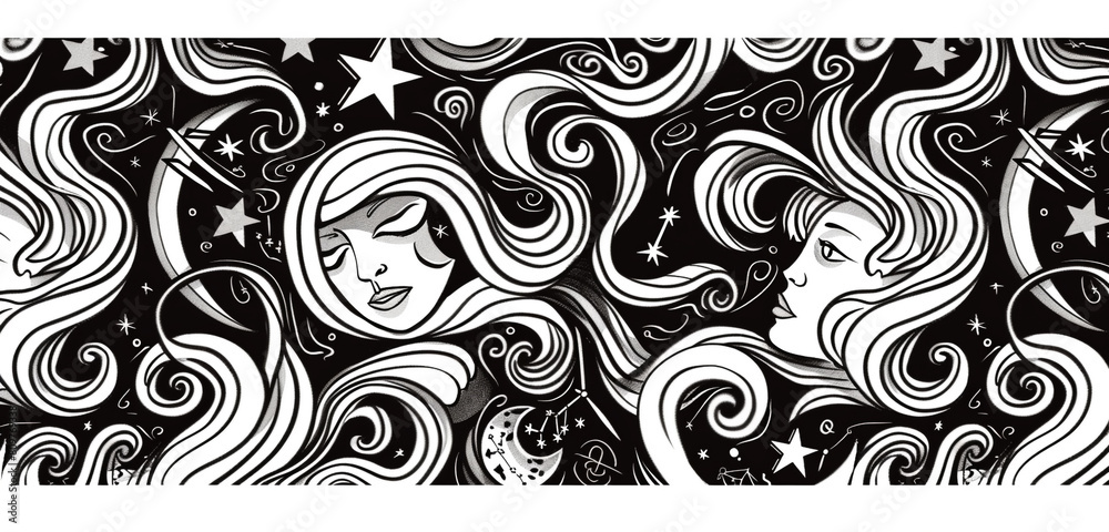 Black and white doodle sketch of cats in a seamless pattern. Black and white doodle sketch of cats in a seamless pattern.