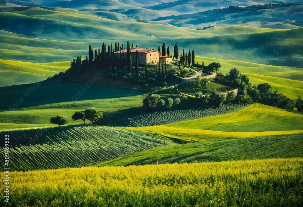 Naklejka premium Tuscany, rural, sunset landscape, countryside, farm, white road, cypress trees, green fields, sunlight, clouds, Volterra, Italy, Europe, scenic, beauty, nature, idyllic, tranquil, serene, countryside