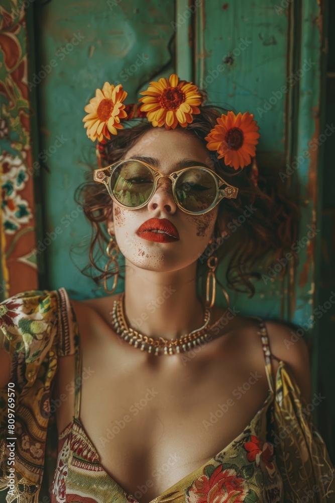 A woman wearing a flower headband and sunglasses A woman wearing a flower headband and sunglasses
