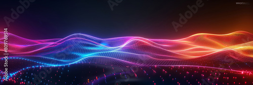 Abstract colorful neon light wavy background,3d abstract dots representing digital binary data. Concept for big data, deep machine learning, artificial intelligence, business technology background. 