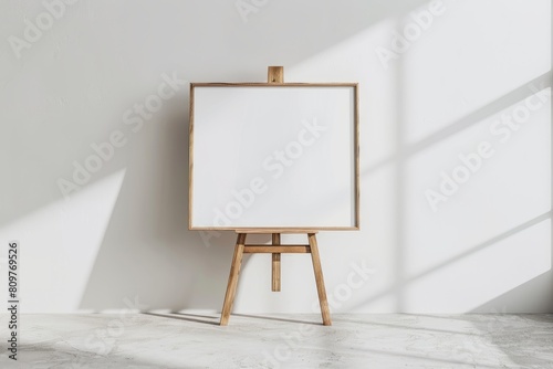 Wooden easel holding a white canvas against a white wall photo