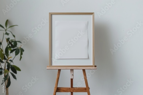 A wooden easel holding a blank canvas against a white wall photo